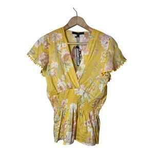Harve Benard Yellow Floral Blouse Sz Medium Deep V-neck Cinch Waist Pom Pom New